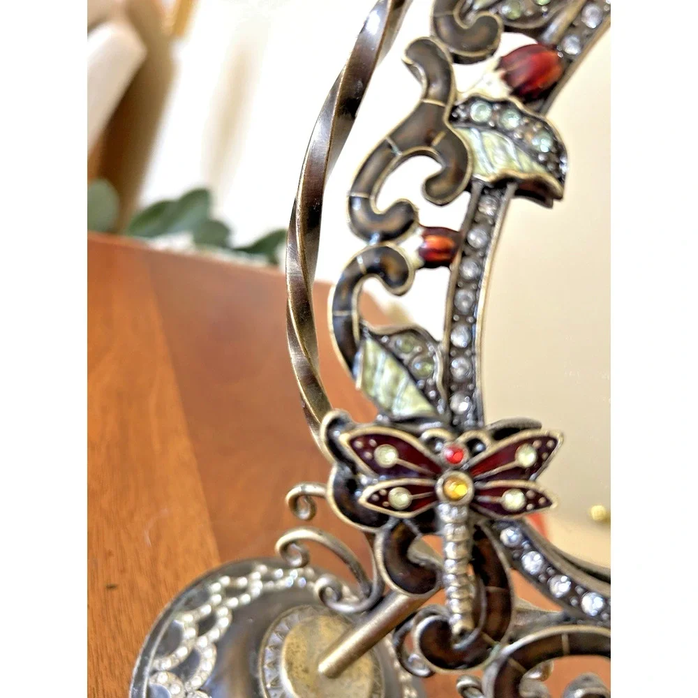 Swivel Enamel Mirror w/Rhinestomes of Flowers & Butterflies-Table Top